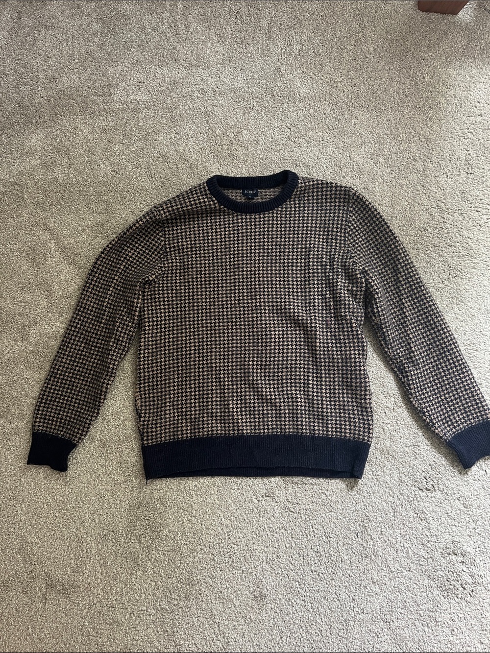 J. Crew Navy and Tan Houndstooth Crewneck Sweater